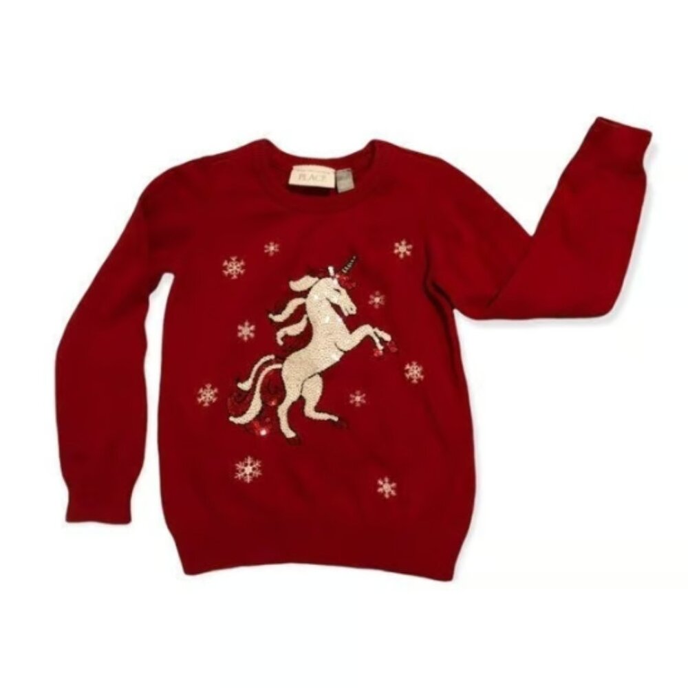 The Children's Place Red Unicorn Sweater sz 4T Sparkly Sequins EUC